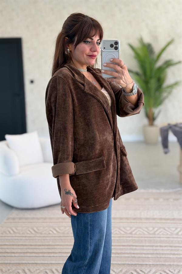 Kadife Kumaş Blazer Ceket Kahverengi Renk
