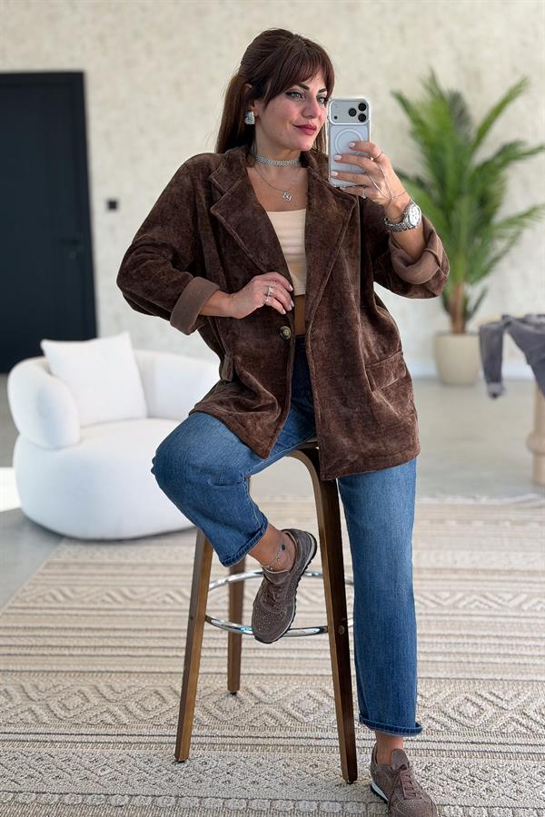Kadife Kumaş Blazer Ceket Kahverengi Renk