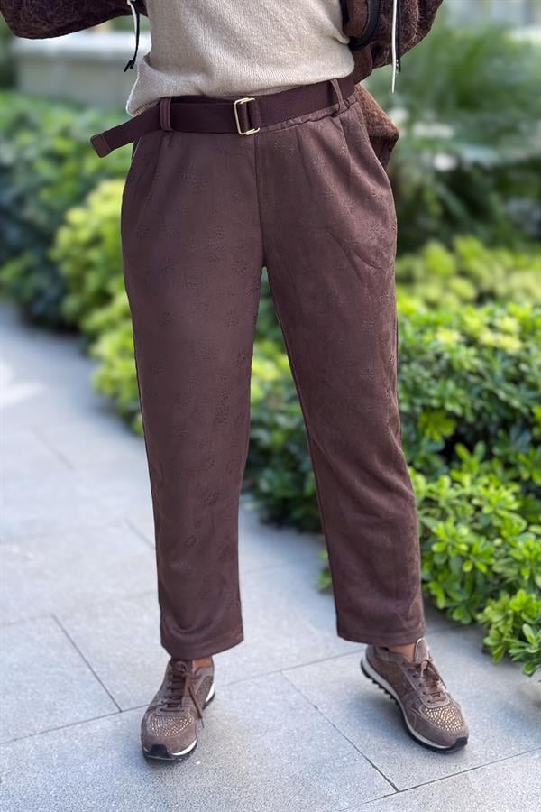 Kahve Kemerli Papatya Baskılı Güderi Pantolon Kahverengi Renk