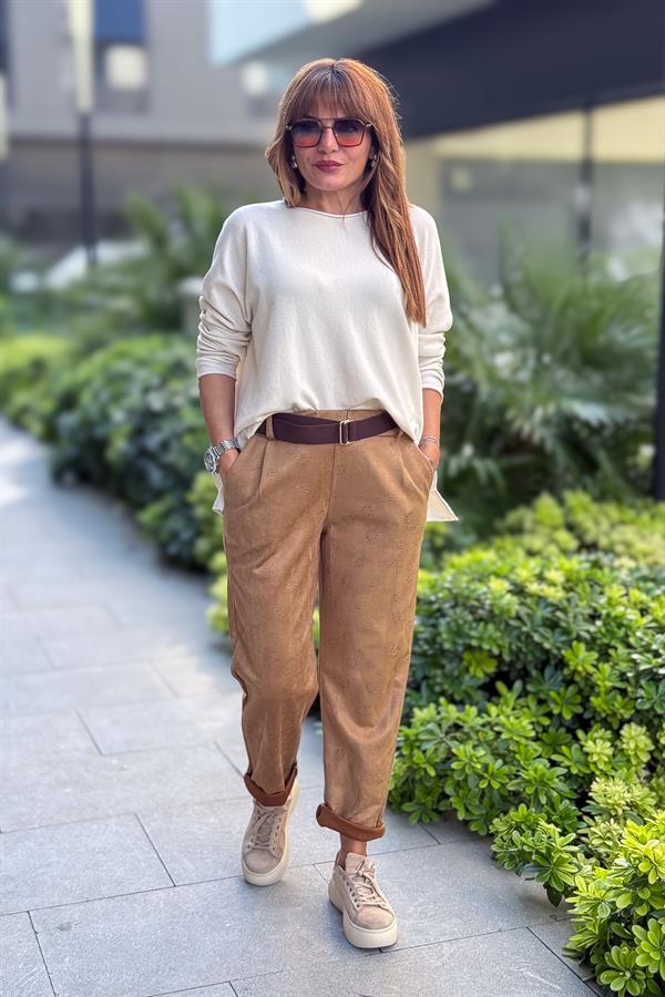 Kahve Kemerli Papatya Baskılı Güderi Pantolon Taba Renk