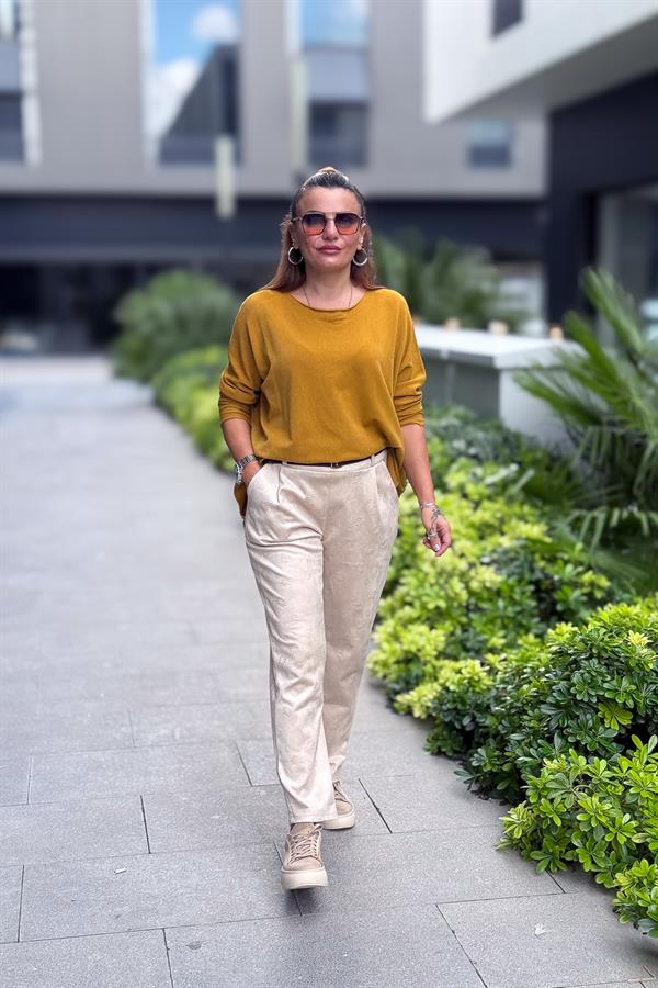 Kahve Kemerli Papatya Baskılı Güderi Pantolon Bej Renk