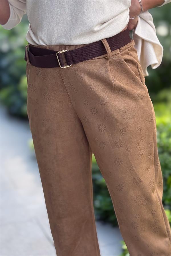 Kahve Kemerli Papatya Baskılı Güderi Pantolon Taba Renk