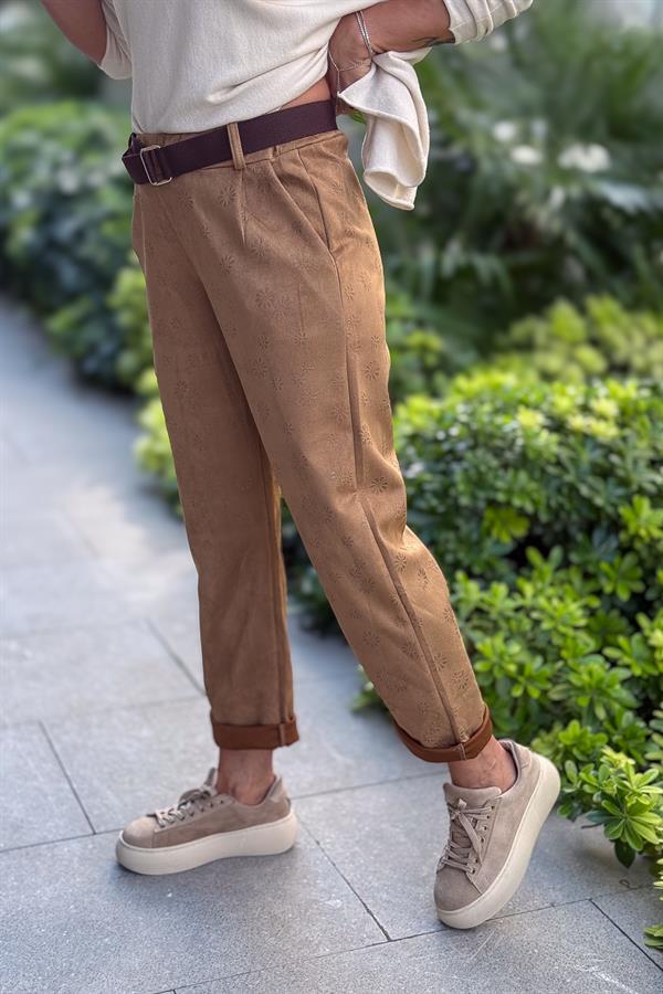 Kahve Kemerli Papatya Baskılı Güderi Pantolon Taba Renk