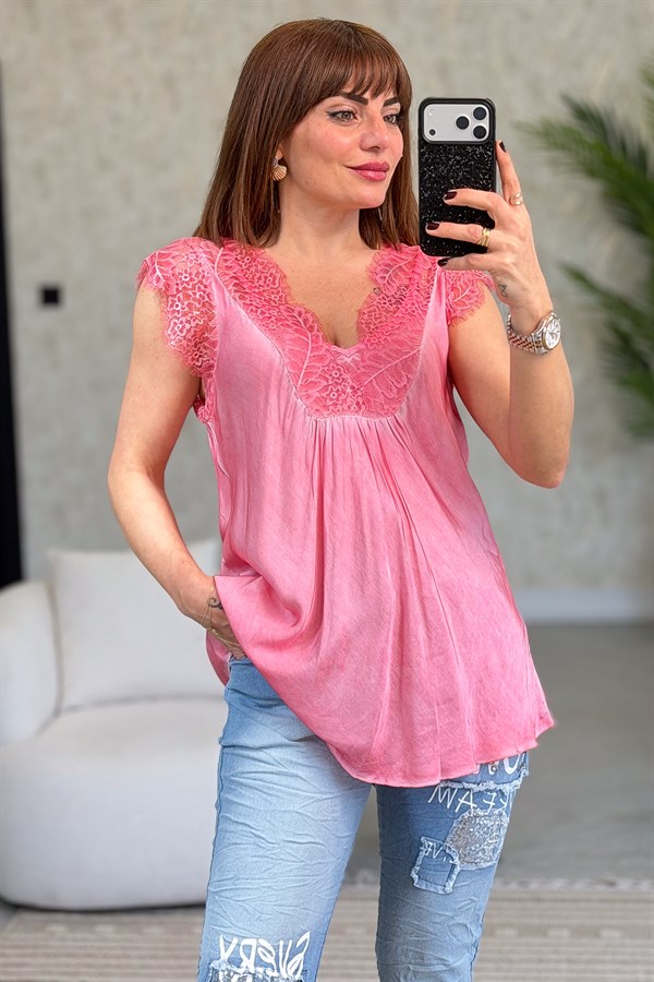 Kalın Askılı Dantel Detaylı Badi Mercan Renk