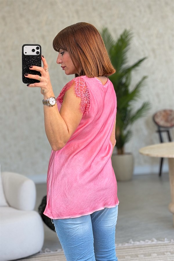 Kalın Askılı Dantel Detaylı Badi Mercan Renk