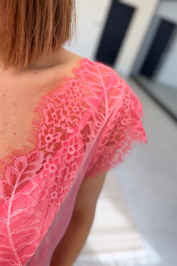 Kalın Askılı Dantel Detaylı Badi Mercan Renk