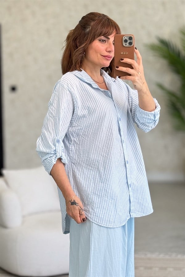 Kalın Çizgili Pamuklu Gömlek Bebe Mavi RenkGÖMLEK