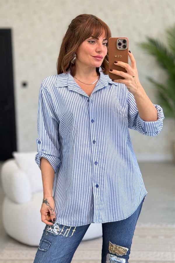 Kalın Çizgili Pamuklu Gömlek İndigo RenkGÖMLEK