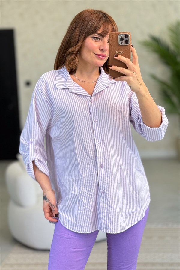 Kalın Çizgili Pamuklu Gömlek Lila RenkGÖMLEK