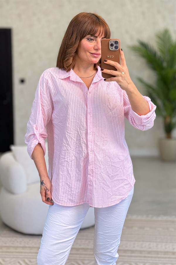 Kalın Çizgili Pamuklu Gömlek Pembe Renk
