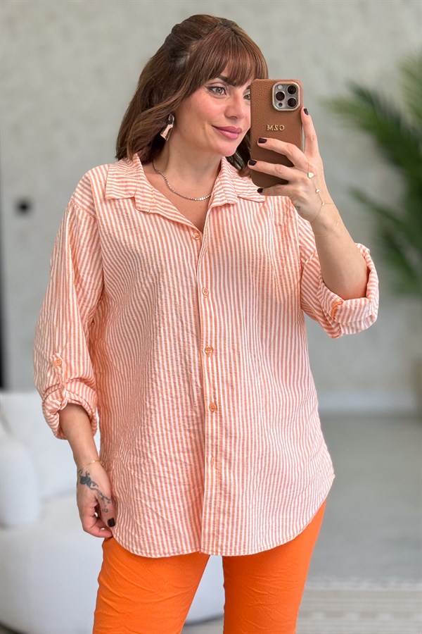 Kalın Çizgili Pamuklu Gömlek Turuncu RenkGÖMLEK