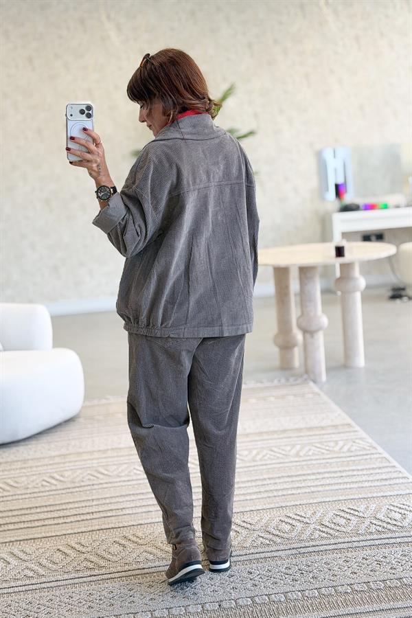 Kalın Fitilli Çift Cepli Gömlekli Alt Üst Kadife Takım Vizon Renk