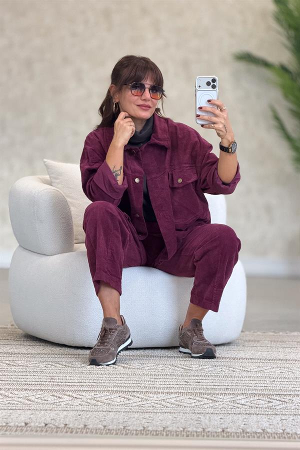 Kalın Fitilli Çift Cepli Gömlekli Alt Üst Kadife Takım Vişne Renk