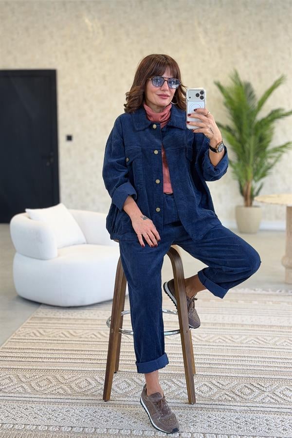 Kalın Fitilli Çift Cepli Gömlekli Alt Üst Kadife Takım Lacivert Renk