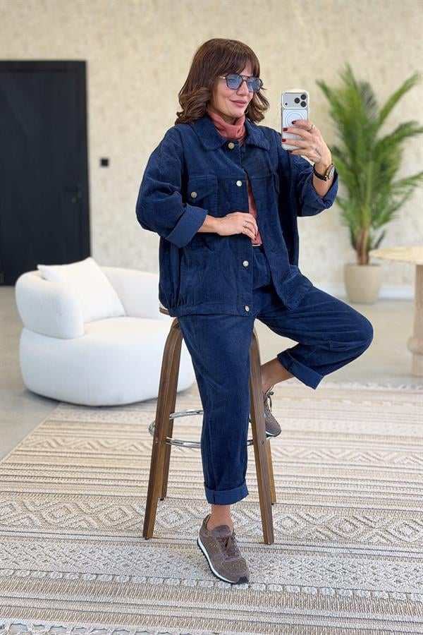 Kalın Fitilli Çift Cepli Gömlekli Alt Üst Kadife Takım Lacivert Renk