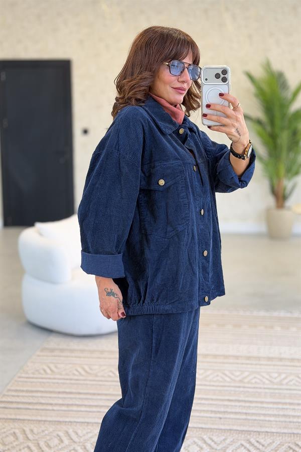 Kalın Fitilli Çift Cepli Gömlekli Alt Üst Kadife Takım Lacivert Renk