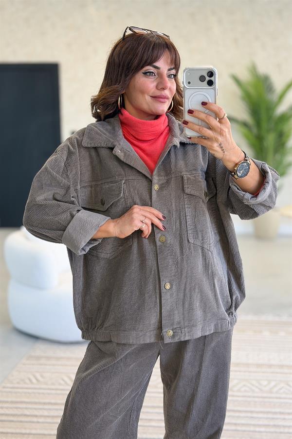 Kalın Fitilli Çift Cepli Gömlekli Alt Üst Kadife Takım Vizon Renk