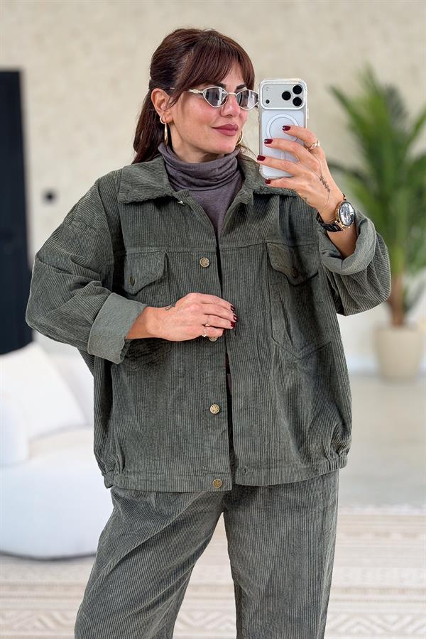 Kalın Fitilli Çift Cepli Gömlekli Alt Üst Kadife Takım Haki Renk