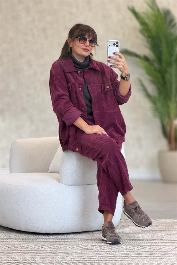 Kalın Fitilli Çift Cepli Gömlekli Alt Üst Kadife Takım Vişne Renk