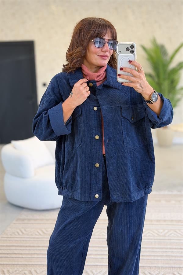 Kalın Fitilli Çift Cepli Gömlekli Alt Üst Kadife Takım Lacivert Renk