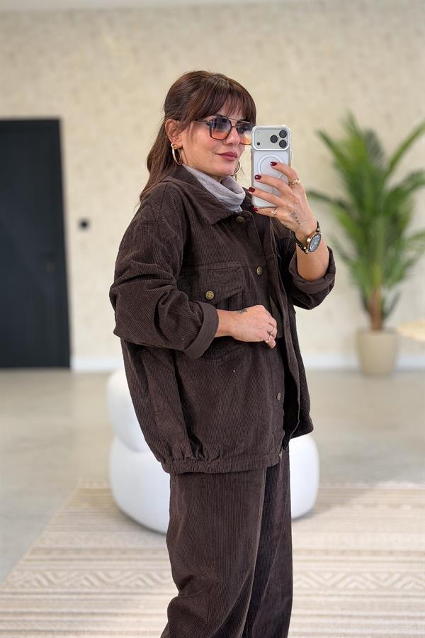 Kalın Fitilli Çift Cepli Gömlekli Alt Üst Kadife Takım Acı Kahve Renk