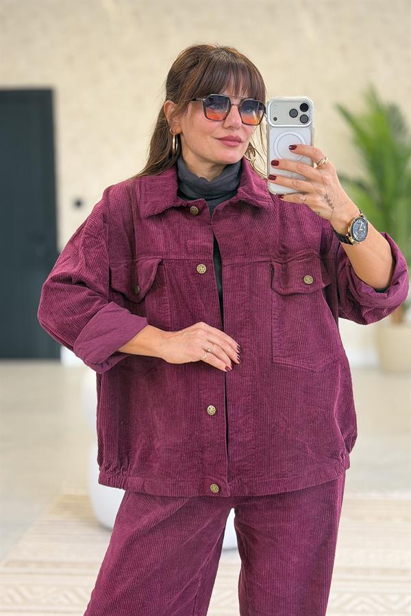 Kalın Fitilli Çift Cepli Gömlekli Alt Üst Kadife Takım Vişne Renk