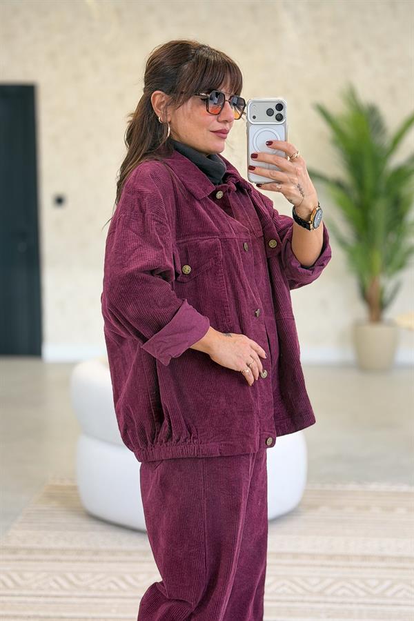 Kalın Fitilli Çift Cepli Gömlekli Alt Üst Kadife Takım Vişne Renk