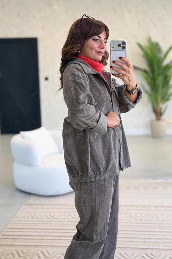 Kalın Fitilli Çift Cepli Gömlekli Alt Üst Kadife Takım Vizon Renk