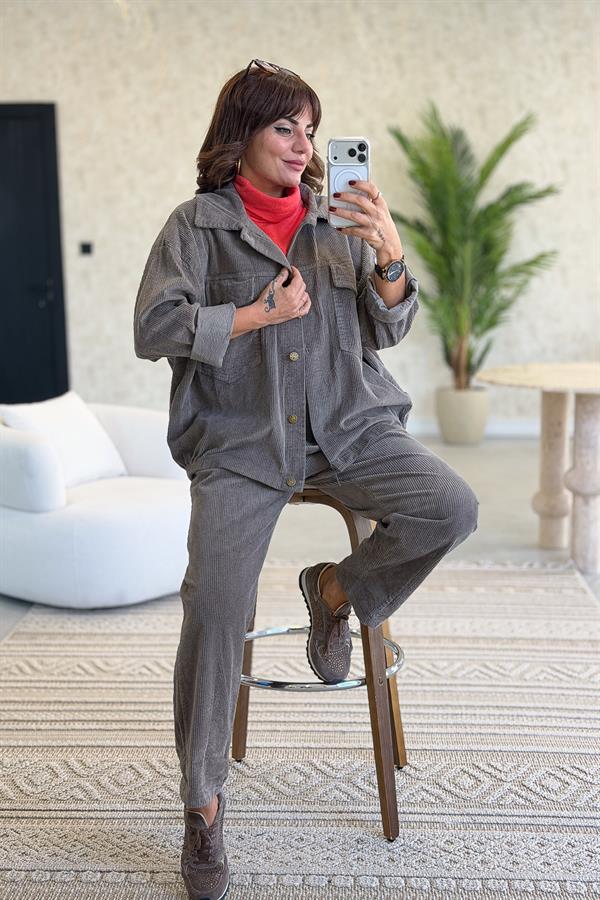 Kalın Fitilli Çift Cepli Gömlekli Alt Üst Kadife Takım Vizon Renk