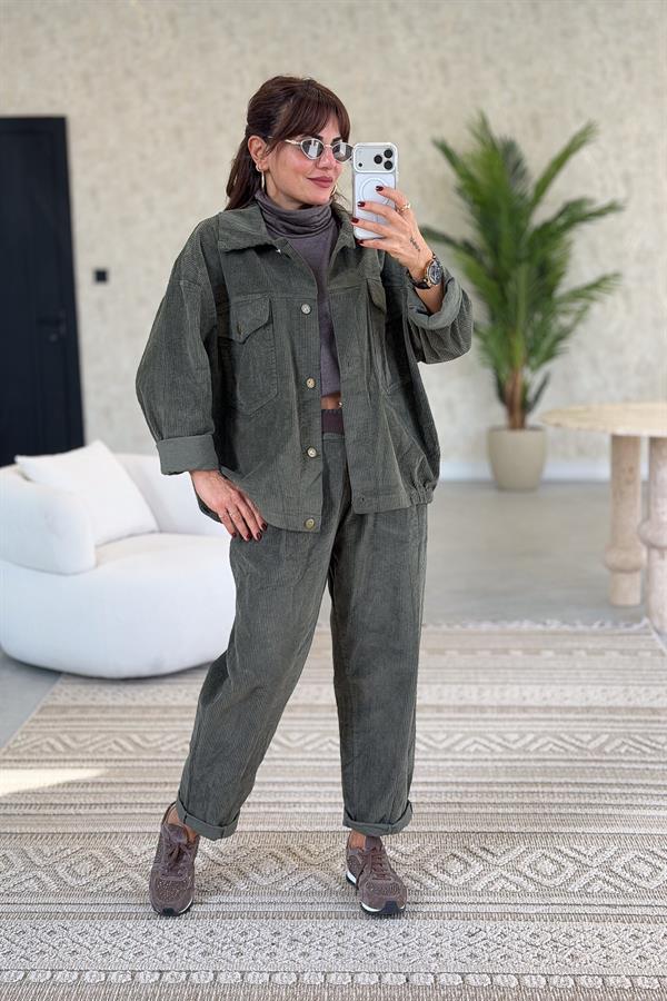 Kalın Fitilli Çift Cepli Gömlekli Alt Üst Kadife Takım Haki Renk
