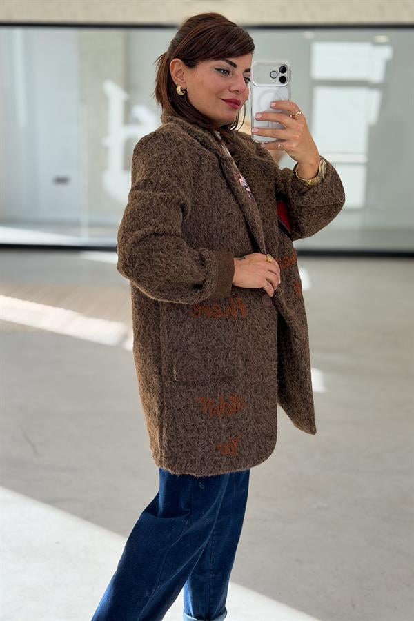 Kalp Detaylı Keçe Blazer Ceket Kahverengi Renk