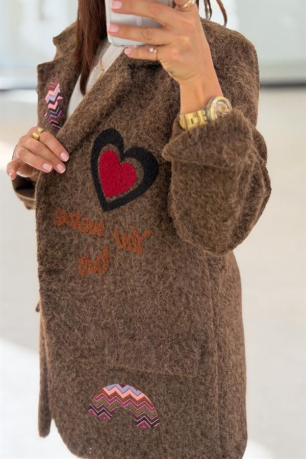 Kalp Detaylı Keçe Blazer Ceket Kahverengi Renk