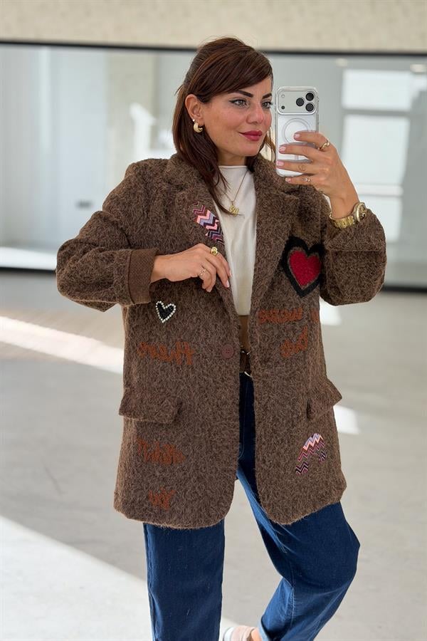 Kalp Detaylı Keçe Blazer Ceket Kahverengi Renk