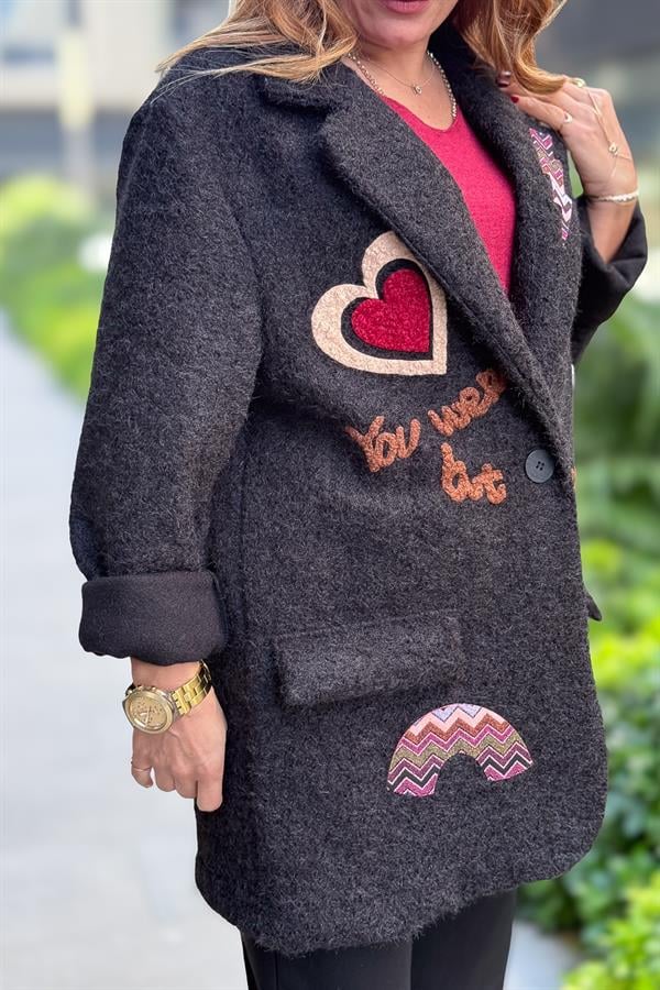 Kalp Detaylı Keçe Blazer Ceket Siyah Renk