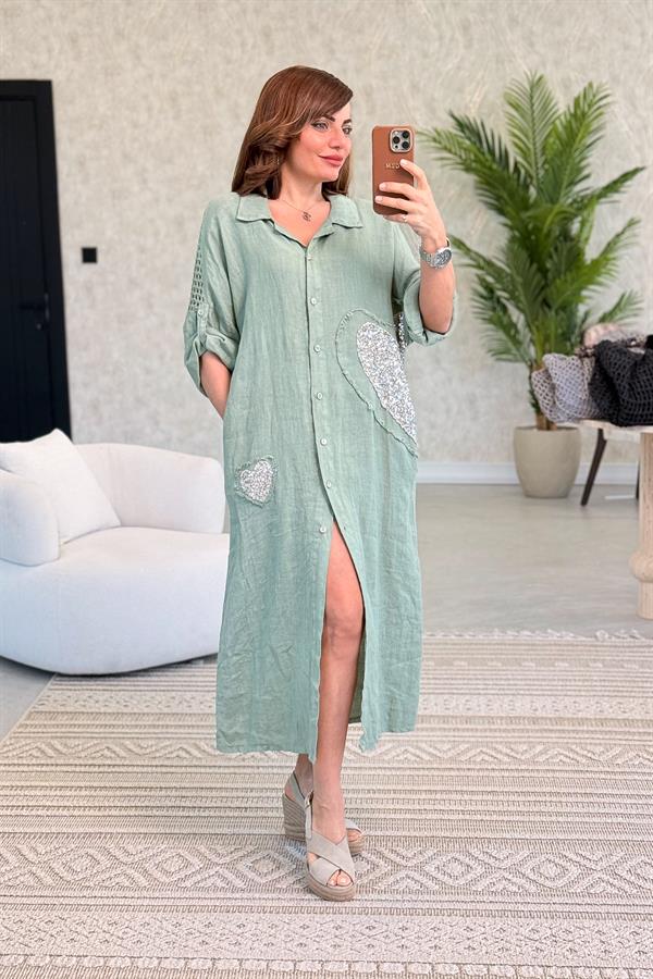 Kalp Pul İşlemeli Arka File Detaylı Keten Gömlek Elbise Haki Renk