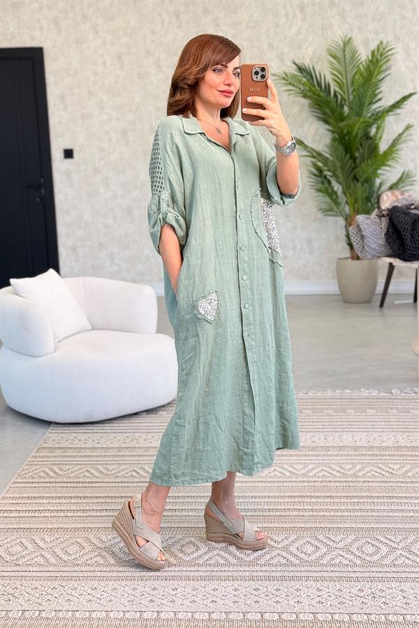 Kalp Pul İşlemeli Arka File Detaylı Keten Gömlek Elbise Haki Renk