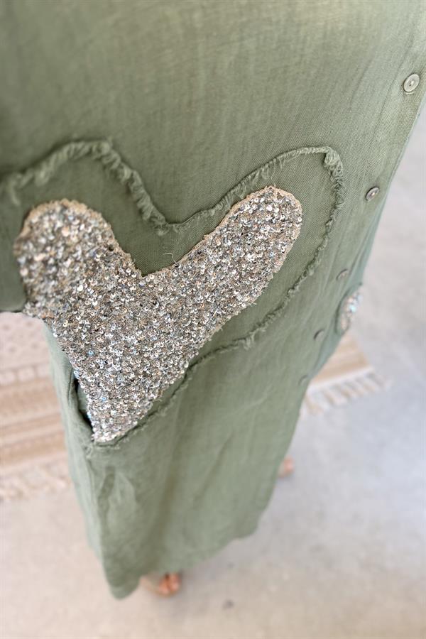 Kalp Pul İşlemeli Arka File Detaylı Keten Gömlek Elbise Haki Renk