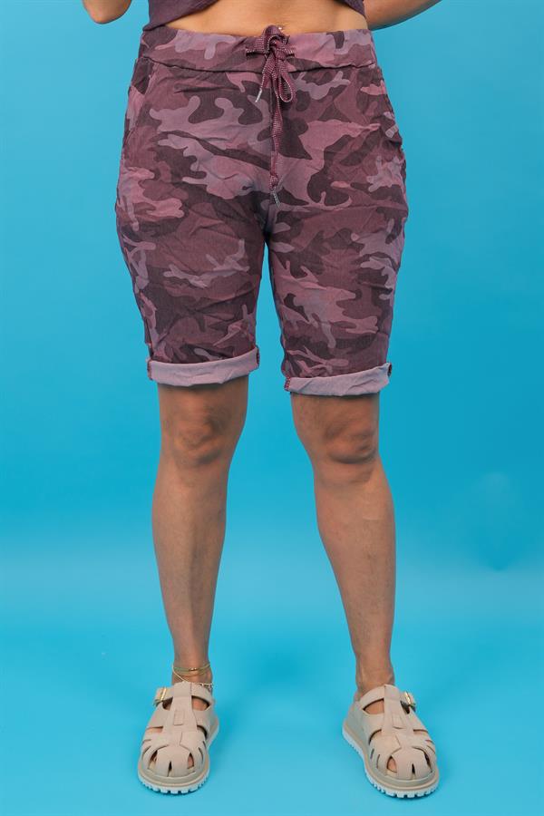 Kamuflaj Desen Likralı Şort Bordo Renk