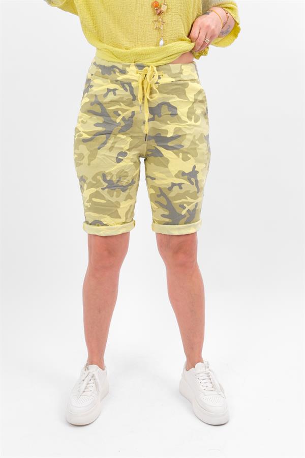Kamuflaj Desen Likralı Şort Limon Sarı Renk
