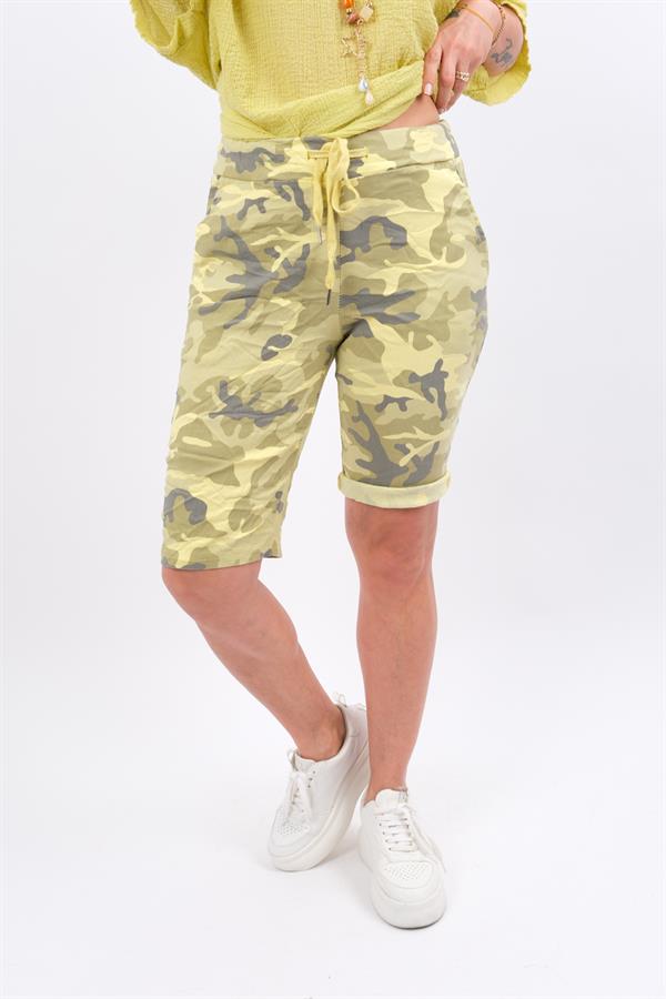 Kamuflaj Desen Likralı Şort Limon Sarı Renk
