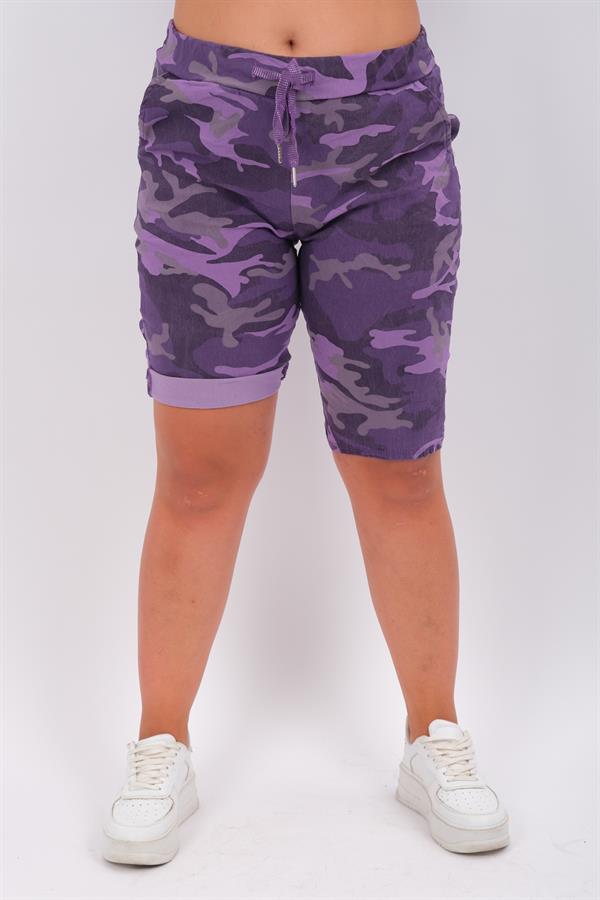 Kamuflaj Desen Likralı Şort Mor Renk