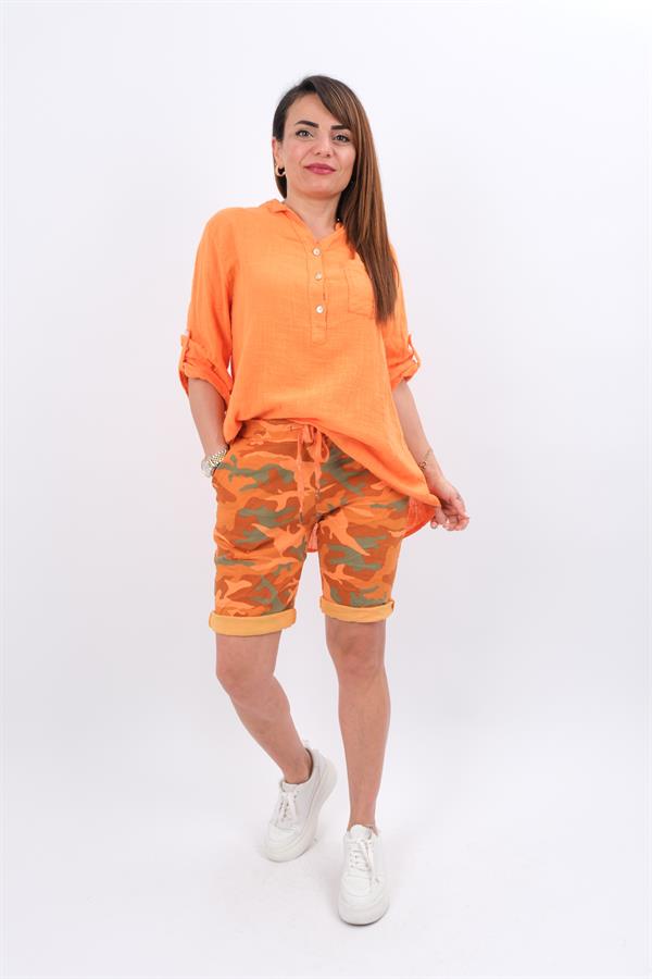 Kamuflaj Desen Likralı Şort Turuncu Renk