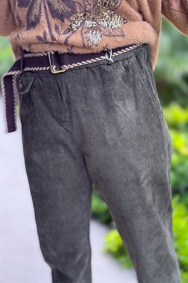 Kapak Cep Detaylı Premium Kadife Pantolon Haki Renk