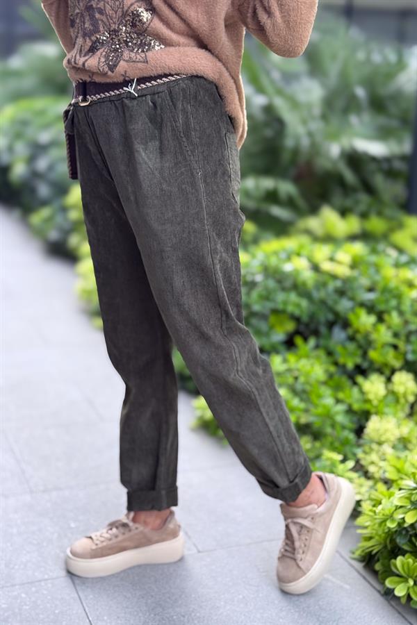 Kapak Cep Detaylı Premium Kadife Pantolon Haki Renk