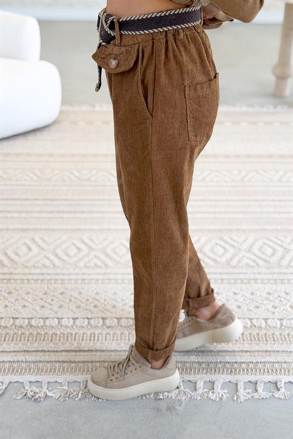 Kapak Cep Detaylı Premium Kadife Pantolon Camel Renk