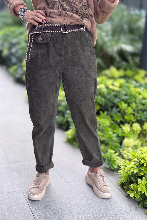 Kapak Cep Detaylı Premium Kadife Pantolon Haki Renk