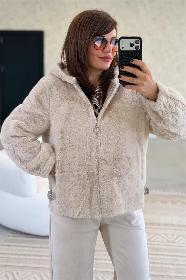 Kapüşonlu Angora Mont Bej Renk