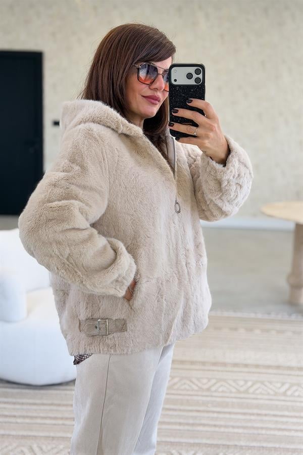 Kapüşonlu Angora Mont Bej Renk