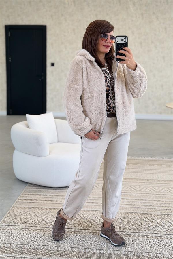 Kapüşonlu Angora Mont Bej Renk