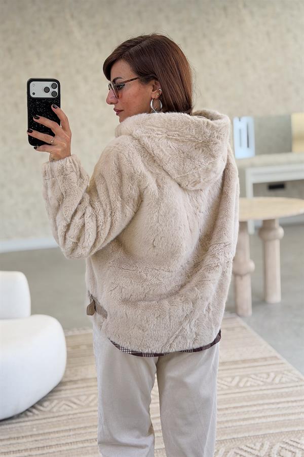 Kapüşonlu Angora Mont Bej Renk